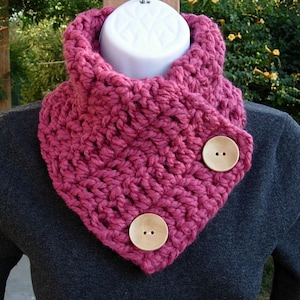 NECK WARMER SCARF, Raspberry Dark Pink Rose, Color Choices, Wool Acrylic Blend, Natural Wood Buttons, Winter Cowl, Ships in 5 Business Days