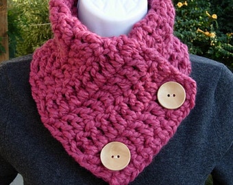 NECK WARMER SCARF, Raspberry Dark Pink Rose, Color Choices, Wool Acrylic Blend, Natural Wood Buttons, Winter Cowl, Ships in 5 Business Days