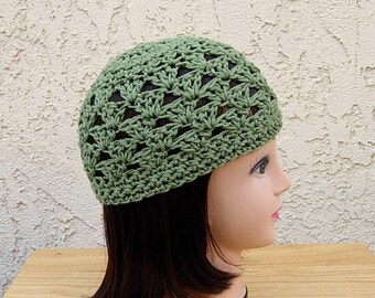 Solid Olive Green 100% Cotton Lacy Summer Beanie Women&#39;s Men&#39;s Lightweight Hat, Chemo Cap, Crochet Knit Lace Skull Cap, Ships in 5 Biz Days