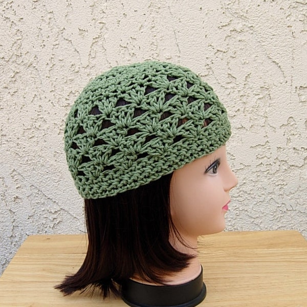 Solid Olive Green 100% Cotton Lacy Summer Beanie Women's Men's Lightweight Hat, Chemo Cap, Crochet Knit Lace Skull Cap, Ships in 5 Biz Days