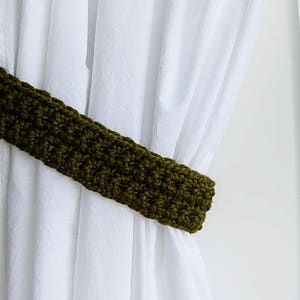 Curtain Tie Backs Set, One Pair of Dark Solid Olive Green Tiebacks, Color Options, Drapery Drapes Holders, Thick Crochet Ties, Custom Sizes