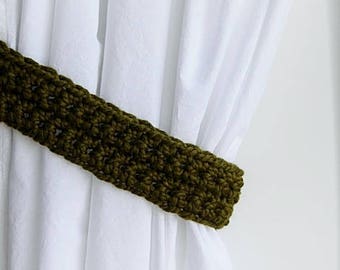 Curtain Tie Backs Set, One Pair of Dark Solid Olive Green Tiebacks, Color Options, Drapery Drapes Holders, Thick Crochet Ties, Custom Sizes