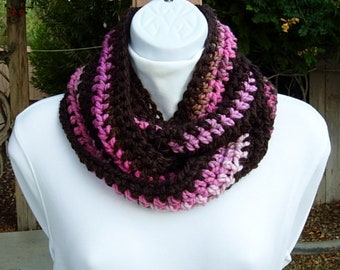 Small OOAK INFINITY SCARF Loop Cowl, Dark & Light Brown and Pink Striped Soft Crochet Knit Women's Short Lightweight Winter, Ready to Ship