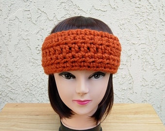 CROCHET HEADBAND Ear Warmer Solid Pumpkin Orange Thick Chunky Warm Winter Wool Women's Simple Basic Knit Head Band, Ships in 5 Biz Days