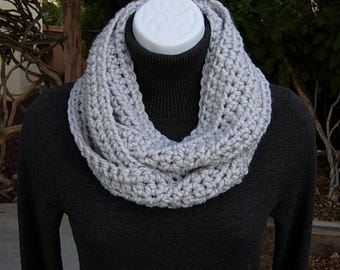 Women's Light Solid Gray Small Petite INFINITY SCARF Loop Cowl, Extra Soft Acrylic Short Skinny Winter Crochet Knit, Ships in 3 Biz Days