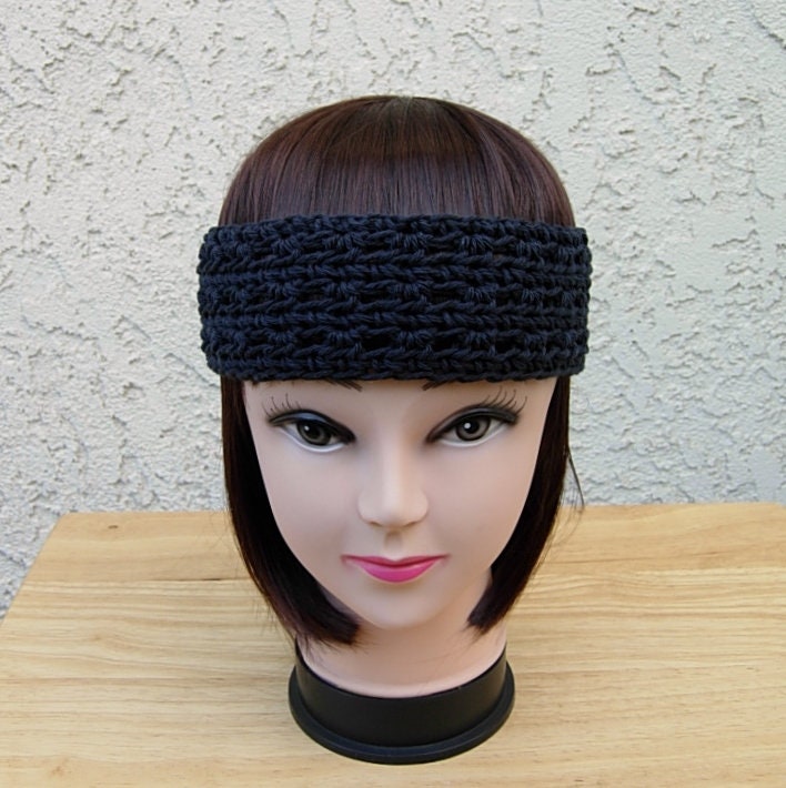 Women's Solid Off Black Summer Headband, Lightweight 100% Cotton Lacy Lace Crochet Knit Boho Simple Basic Head Band, Ships in 5 Biz Days