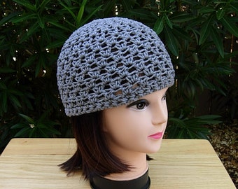 Solid Gray Summer Beanie Hat, Soft 100% Cotton Lacy Lace Skull Cap, Women's Men's Crochet Knit Airy Grey Chemo Cap, Ships in 5 Biz Days