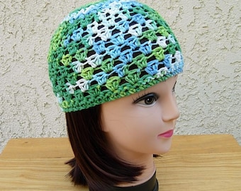 Women's Colorful Summer Beanie Hat, Bright Green, Blue, White, Soft 100% Cotton Crochet Lightweight Chemo Skull Cap, Ships in 5 Biz Days