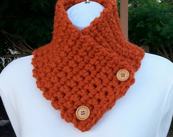 NECK WARMER SCARF, Solid Bright Burnt Orange Buttoned Cowl, Acrylic Wool Blend, Wood Buttons, Thick Crochet Knit, Ships in 5 Business Days