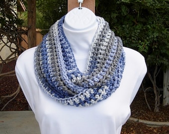 Women's Small Petite INFINITY SCARF Loop Cowl Gray, Blue, White Striped Soft Acrylic Short Skinny Winter Crochet Knit, Ships in 2 Biz Days