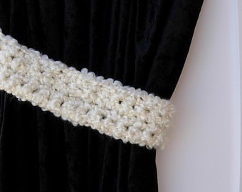 Light Cream Curtain Tiebacks, Pair of Soft Thick Solid Off White Tie Backs, Drapery Drapes Holders, Soft Crochet Knit, Simple Modern