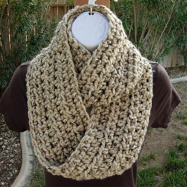 COWL SCARF Infinity Loop, Oatmeal Cream Beige Tweed, Thick Soft Wool Blend Crochet Knit Endless Winter, Neck Warmer, Ships in 3 Biz Days