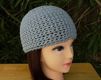 Stonewash Denim Light Gray Blue Summer Beanie Hat, Soft 100% Cotton, Women's Men's Crochet, Close Knit, Chemo Cap, Ships in 5 Business Days