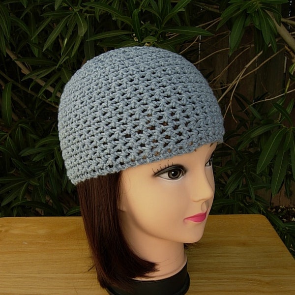 Stonewash Denim Light Gray Blue Summer Beanie Hat, Soft 100% Cotton, Women's Men's Crochet, Close Knit, Chemo Cap, Ships in 5 Business Days