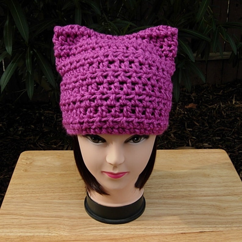 Dark Pink Pussy Cat Hat, Fuchsia PussyHat, Soft 100% Acrylic Crochet Knit Winter Solid Purple Pink Magenta Beanie, Ships in 5 Biz Days