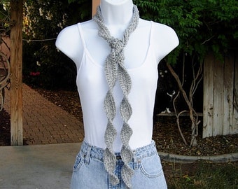 Women's Solid Light Silver Gray Grey Skinny SUMMER SCARF Small Soft Narrow Lightweight Twisted Crochet Necklace, Ready to Ship