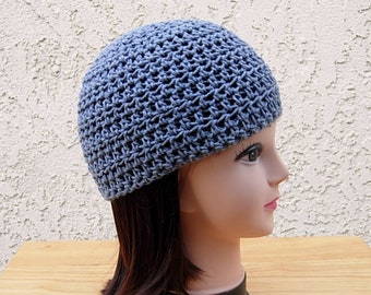 Solid Medium Gray Blue Summer Beanie Hat, Soft 100% Cotton Lacy Skull Cap, Women's Men's Crochet Knit Chemo Cap, Ships in 5 Biz Days