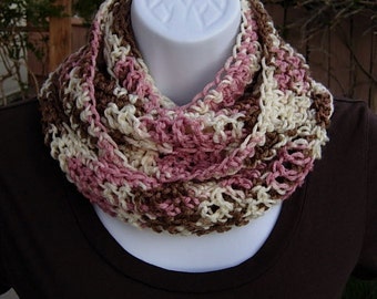 SUMMER SCARF Infinity Loop Cowl, Light Pink, Brown, Cream Multicolor, Soft Lightweight Crochet Knit Neck Warmer, Ships in 5 Biz Days