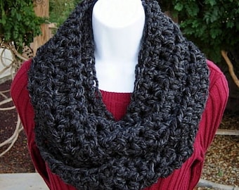 READY TO SHIP Infinity Scarf Cowl Loop Grey Gray Black Dark Charcoal, Soft Wool Blend, Lightweight Winter, Thick Neck Warmer, Women's Gift