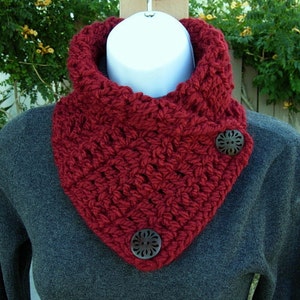 NECK WARMER SCARF Buttoned Cowl Solid Dark Deep Red, Large Wooden Buttons Extra Soft Crochet Knit Winter Scarflette, Ships in 5 Biz Days