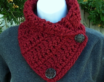 NECK WARMER SCARF Buttoned Cowl Solid Dark Deep Red, Large Wooden Buttons Extra Soft Crochet Knit Winter Scarflette, Ships in 5 Biz Days