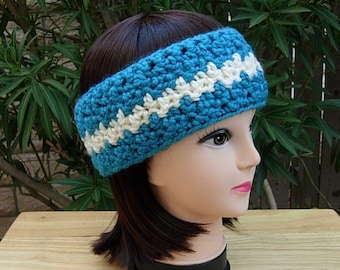 CROCHET HEADBAND Turquoise Blue and Off White Ear Warmer, Color Options, Soft Warm Winter Women's Basic Head Band, Ships in 5 Biz Days