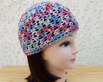 Women's Colorful Summer Beanie Hat, Blue, Pink, Red, Beige, Teal Green, Soft 100% Cotton Crochet Lightweight Skull Cap, Ships in 5 Biz Days