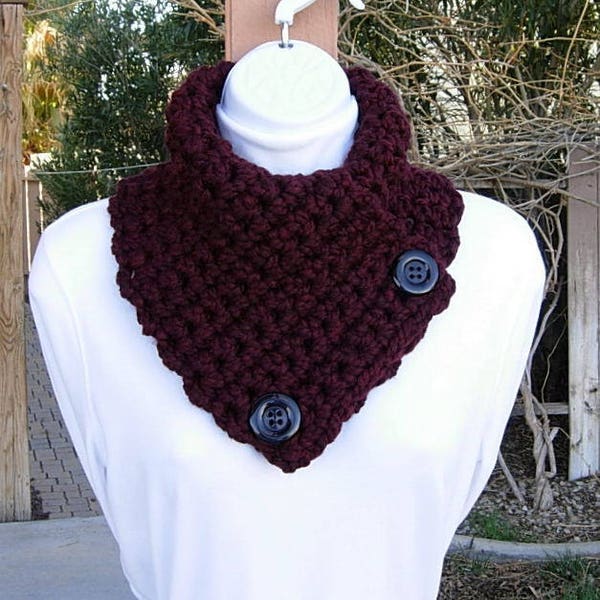 NECK WARMER SCARF Dark Burgundy Wine Red, Black Buttons, Soft Thick Winter Crochet Knit Women's Chunky Wool Cowl, Ships in 5 Business Days