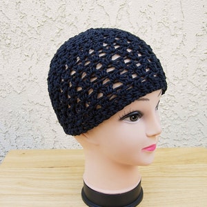 Solid Off Black Summer Beanie Hat, Soft 100% Cotton Lacy Lace Skull Cap, Women's Men's Crochet Knit Airy Chemo Cap, Ships in 5 Biz Days