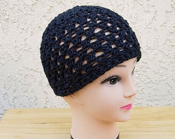 Solid Off Black Summer Beanie Hat, Soft 100% Cotton Lacy Lace Skull Cap, Women&#39;s Men&#39;s Crochet Knit Airy Chemo Cap, Ships in 5 Biz Days