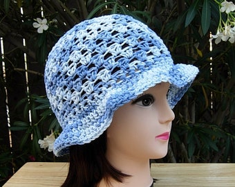 Light & Medium Denim Blue Summer Beach Sun Hat, 100% Cotton Women's Crochet Knit Beanie Bucket Cap with Floppy Brim, Ships in 5 Biz Days