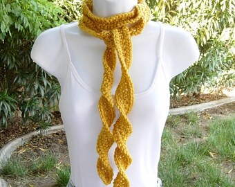 Women's Solid Mustard Yellow Skinny SUMMER SCARF Small Soft Spiral Knit Narrow Lightweight Twisted Crochet Necklace, Ships in 5 Biz Days
