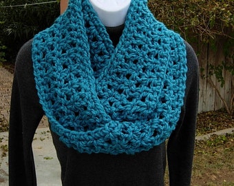 Ready to Ship Infinity Loop Scarf, Turquoise Teal Solid Blue, Extra Soft 100% Acrylic Crochet Knit Winter Eternity Circle Cowl