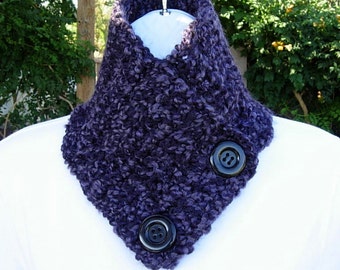 NECK WARMER Scarf, Buttoned Cowl, Extra Dark Eggplant Purple, COLOR Options, Soft Handmade Crochet Knit Winter, Buttons, Ships in 5 Biz Days