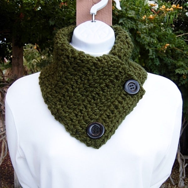 Solid Dark Green NECK WARMER SCARF with Large Black Buttons Soft 100% Acrylic Crochet Knit Buttoned Cowl Scarflette, Ships in 5 Biz Days