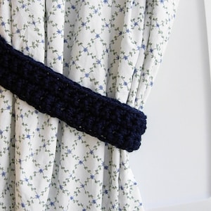 One Pair of Dark Solid Navy Blue Curtain Tiebacks Tie Backs Set, Color Options, Thick Drapery Holders for Drapes, Crochet Knit, Basic Simple