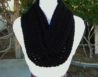 Extra Long Skinny Infinity Scarf, Solid Deep Black Loop Cowl, COLOR Options, Soft Acrylic Narrow Crochet Knit Winter, Ships in 5 Biz Days