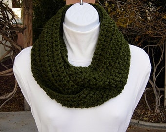 Women's Small Petite INFINITY SCARF Loop Cowl Dark Solid Forest Green Soft Acrylic Short Skinny Winter Crochet Knit, Ships in 3 Biz Days