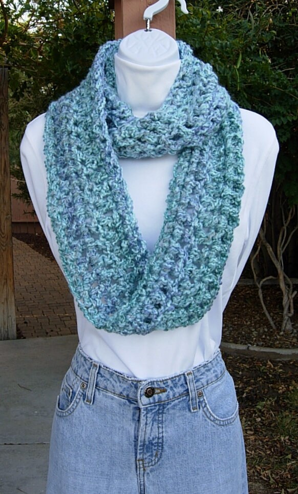 Light Blue CROCHET INFINITY SCARF Loop Cowl, Aqua & Denim Blues, Thick ...
