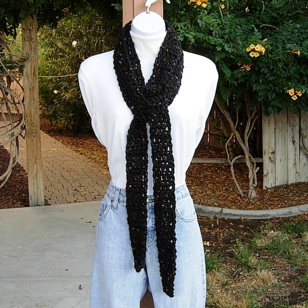 Off Black Tweed Extra Long Skinny Scarf, Dark Charcoal Soft Thick Crochet Knit Narrow Wrap, Women's Neck Tie Scarf, Ships in 5 Business Days