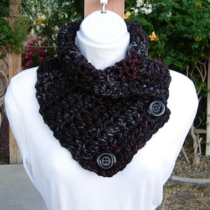 NECK WARMER SCARF, Chunky Crochet Cowl, Thick Buttoned Cowl, Black Red Light Gray Grey Striped Wool Blend, Buttons, Ships in 3 Business Days