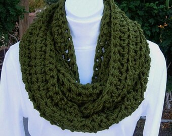 INFINITY SCARF Loop Cowl Dark Solid Olive Military Green Soft Thick Acrylic Crochet Knit Warm Winter Endless Circle, Ships in 5 Biz Days