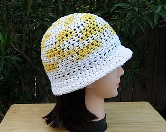 Bright Yellow and White Summer Beach Sun Hat, 100% Cotton Women's Crochet Knit Beanie Bucket Cap with Cloche Brim, Ships in 5 Biz Days