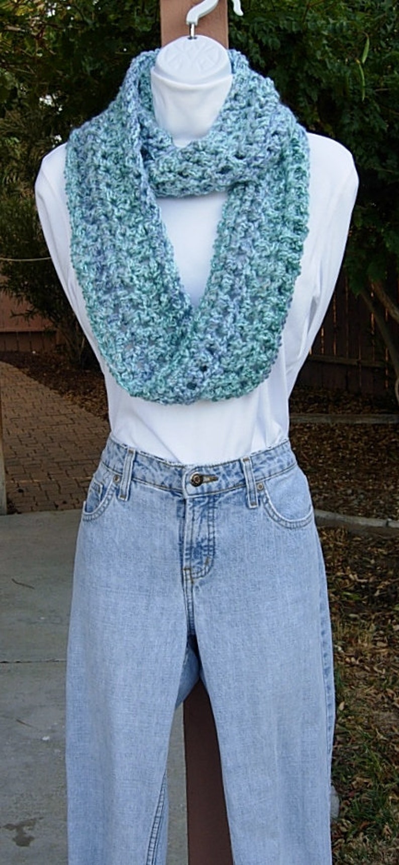 Light Blue CROCHET INFINITY SCARF Loop Cowl, Aqua & Denim Blues, Thick ...