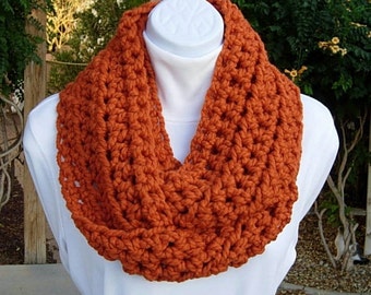 Infinity Scarf Cowl Loop, Pumpkin Solid Orange, Bulky Soft Wool Blend, Crochet Knit Winter Circle Thick Neck Warmer, Ships in 3 Biz Days