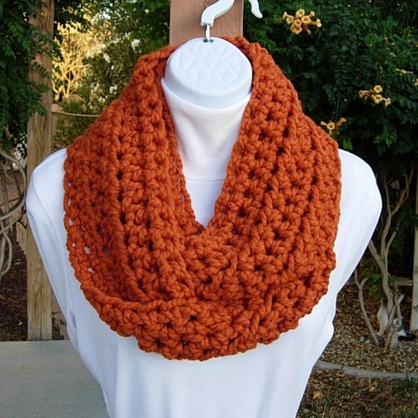 Infinity Scarf Cowl Loop, Pumpkin Solid Orange, Bulky Soft Wool Blend, Crochet Knit Winter Circle Thick Neck Warmer, Ships in 3 Biz Days