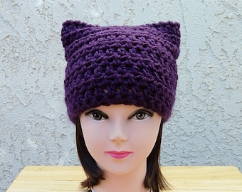 Solid Dark Purple Pussy Cat Hat With Ears, Soft 100% Acrylic
