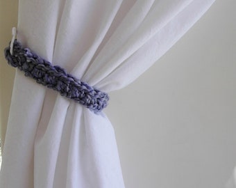 One Pair Light Purple Curtain Tie Backs, Narrow Small Tiebacks Holdbacks, Violet Drapery Drapes Holders, Crochet Knit, Ships in 5 Biz Days