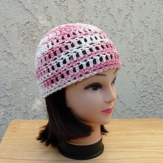 Pink and White Summer Beanie, 100% Cotton Lacy Skull Cap  display picture 1