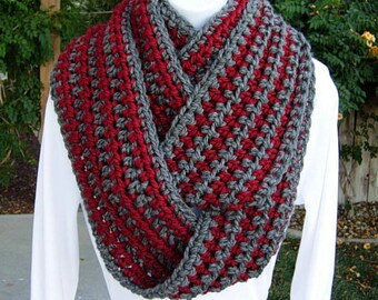 Winter INFINITY SCARF Loop Cowl Dark Red & Charcoal Gray Grey Striped, COLOR Options, Extra Long Soft Crochet Knit, Ships in 5 Biz Days